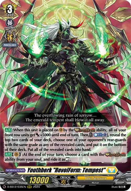 The image features a "Cardfight!! Vanguard" Triple Rare trading card titled Youthberk "RevolForm: Tempest" (D-SS12/035EN) [Triple Drive] by Bushiroad. The card displays a powerful armored warrior wielding twin swords amid green lightning and swirling tempest. A detailed text block at the bottom describes its abilities within the Keter Sanctuary.