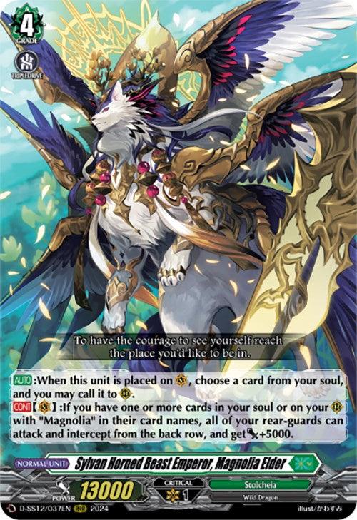 A fantasy trading card depicting a powerful creature named "Sylvan Horned Beast Emperor, Magnolia Elder (D-SS12/037EN) [Triple Drive]." This Bushiroad Triple Rare card showcases a majestic being with large, feathered wings, antlers, and a blend of fur and armor-like elements. The Wild Dragon is detailed with game-specific stats and Triple Drive abilities.