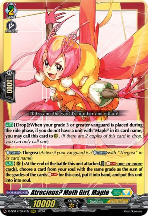 The image displays a Bushiroad trading card featuring "Atrocious? Moth Girl, Maple (D-SS12/042EN) [Triple Drive]." It shows a character in pink and yellow moth-themed armor with glittering wings and antennae, holding a weapon. The card includes detailed game text and stats: Power 10,000, Critical 1, Shield 5000, and is marked "D-SS12/024EN R.