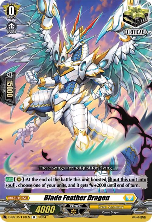 A fantasy trading card featuring the legendary Blade Feather Dragon (D-SS12/113EN) [Triple Drive] from Keter Sanctuary by Bushiroad. The Cosmo Dragon has white and blue armor, large wings, and wields a sword. Boasting Triple Drive with 4000 power and a 15000 shield. Yellow and purple text boxes contain abilities and flavor text: "These wings are not just for flying.