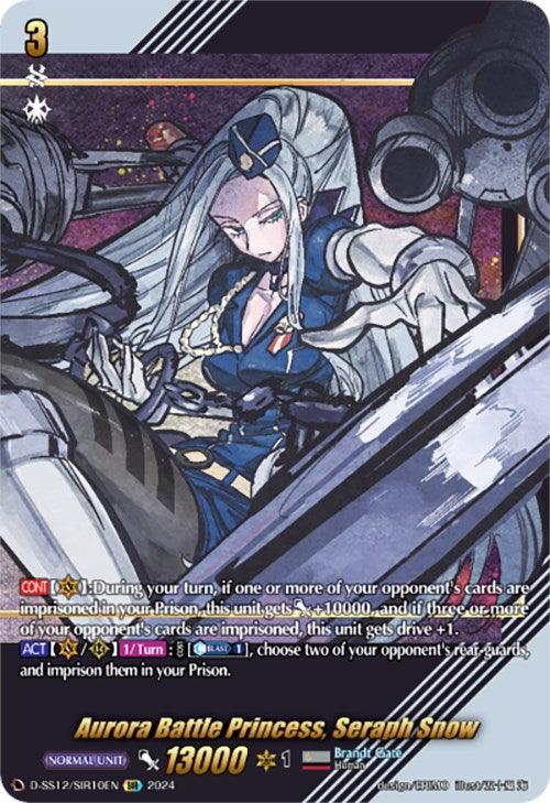 A fantasy-themed trading card titled "Aurora Battle Princess, Seraph Snow (D-SS12/SIR10EN) [Triple Drive]" from the Bushiroad collection. It depicts a stern, armored female character with blue hair and a headpiece, wielding glowing weapons. This Special Illustration Rare card boasts a power rating of 13000 and various abilities in the text box below the illustration.