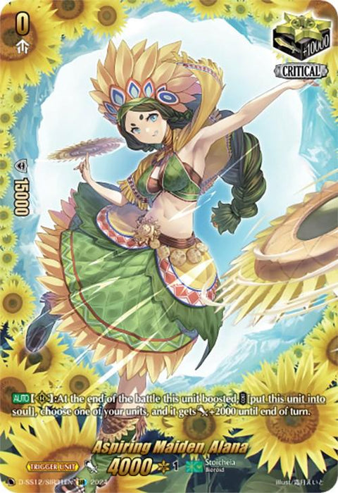 A fantasy-themed trading card features "Aspiring Maiden, Alana (D-SS12/SIR31EN) [Triple Drive]" by Bushiroad, a Special Illustration Rare with 4000 power and 10000 shield points. Alana, from the Stoicheia clan, is depicted in a colorful, floral-themed outfit with sunflowers in the background. She strikes a dance pose, holding a fan and adorned with intricate accessories.