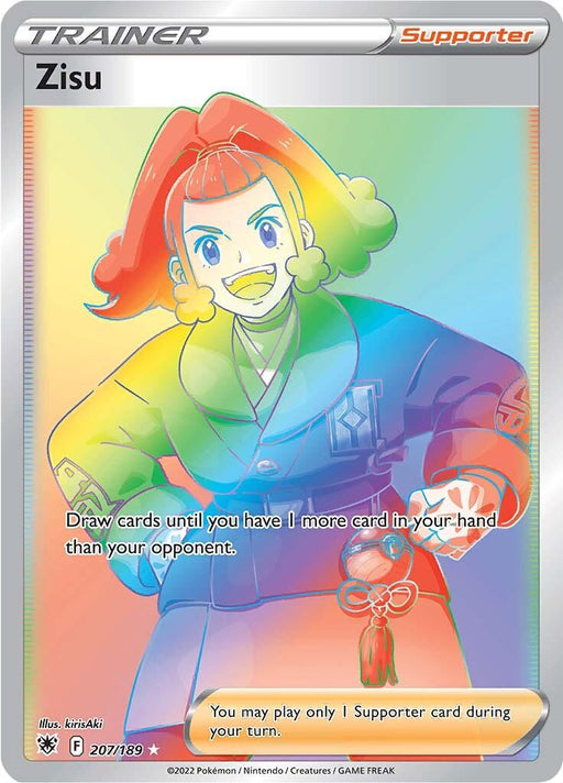 A Pokémon Zisu (207/189) [Sword & Shield: Astral Radiance] card featuring a woman with red hair tied in a high ponytail, wearing a green and yellow jacket. She is punching the air with a determined expression. This Secret Rare card has a holographic effect and includes text about drawing cards and playing a Supporter card.