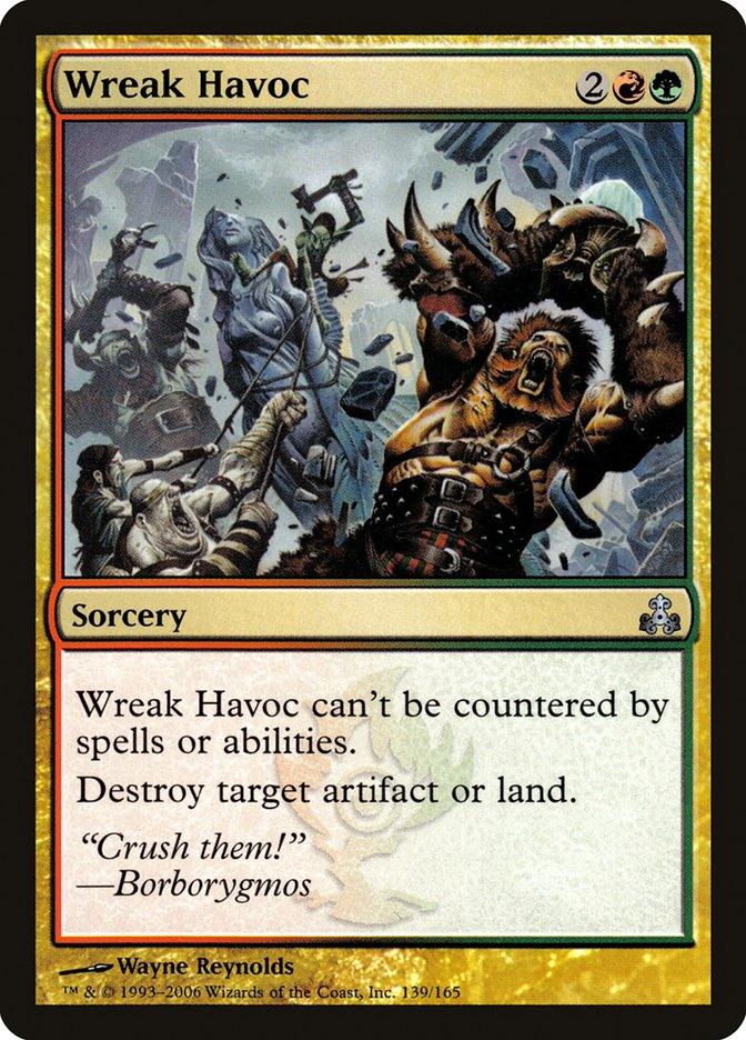 A Magic: The Gathering card titled Wreak Havoc [Guildpact] from the Magic: The Gathering set. It depicts a chaotic battle scene with orcs and a giant in combat. The card text reads: 