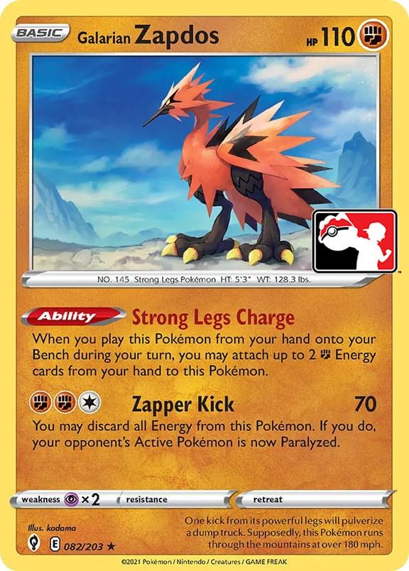 A Pokémon trading card featuring Galarian Zapdos (082/203) from Prize Pack Series One. It's a Fighting-type card with 110 HP and is a Holo Rare. It has the ability 