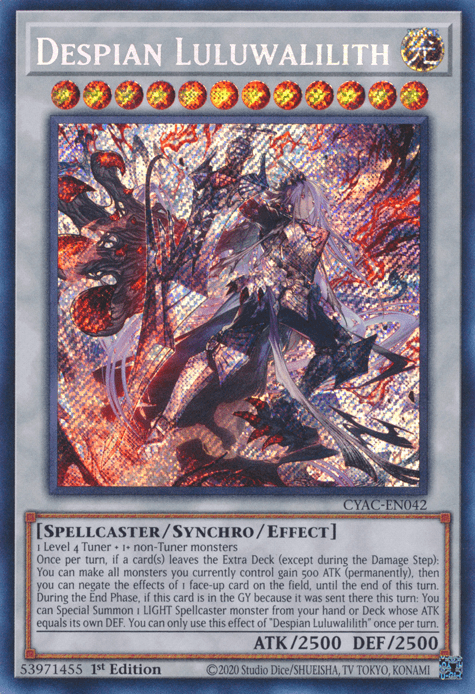 The image showcases a Yu-Gi-Oh! trading card named "Despian Luluwalilith [CYAC-EN042] Secret Rare," a Synchro/Effect Monster. The artwork is colorful and abstract, with the character surrounded by vivid red and dark hues. The card text details its spellcaster attributes, with 2500 attack and defense points.