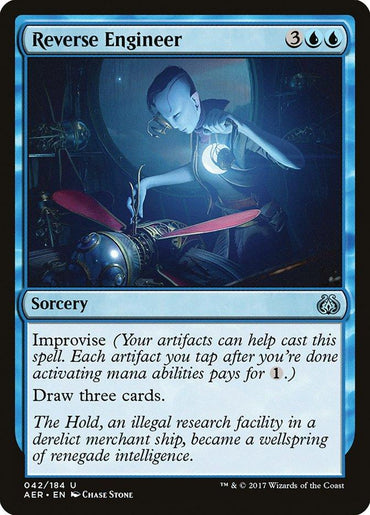 The Magic: The Gathering card "Reverse Engineer [Aether Revolt]" is a blue sorcery featuring a fantasy character working on mechanical parts with blueprints. It has a casting cost of 3 generic mana and 2 blue mana, includes the Improvise ability, and its text reads, "Draw three cards.