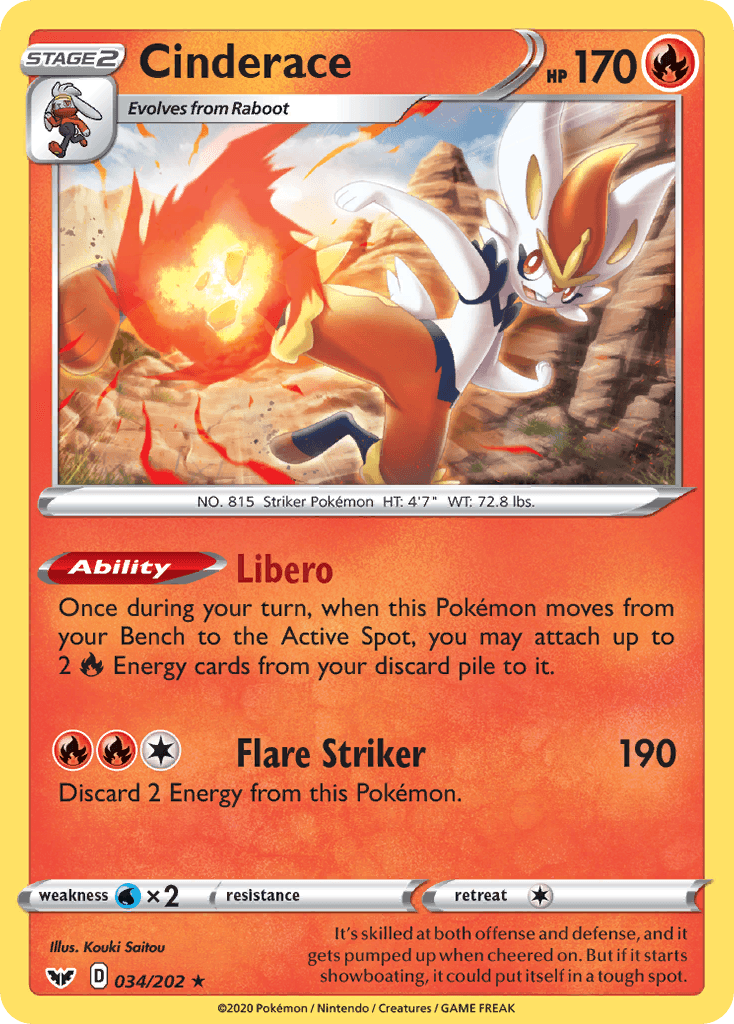 The image showcases a rare Cinderace Pokémon card from the Sword & Shield: Base Set, with the card number 034/202. This exclusive theme deck features a Cinderace that boasts 170 HP and evolves from Raboot. Known for delivering a fiery kick enveloped in flames, this card includes the abilities Libero and Flare Striker. It has a weakness to water type opponents.