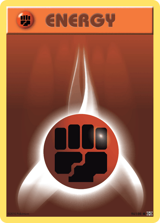 A Fighting Energy (96/108) [XY: Evolutions] Pokémon trading card from the 2016 XY: Evolutions expansion, depicted against a gradient orange and dark brown background. The card features a black, stylized fist inside a red and black circle, with white streaks emanating outward, symbolizing fighting energy. This is a common card.