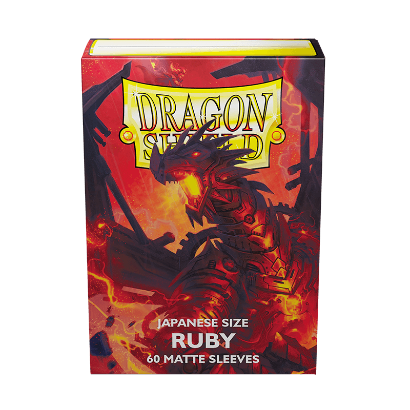 A package of Dragon Shield sleeves in a striking Ruby design, featuring a menacing dragon with glowing yellow eyes. The packaging is labeled 