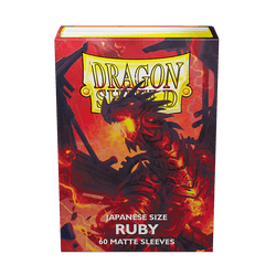 A package of Dragon Shield sleeves in a striking Ruby design, featuring a menacing dragon with glowing yellow eyes. The packaging is labeled "Dragon Shield" with "Japanese Size 60ct Sleeves - Ruby (Matte)" printed below the brand name Arcane Tinmen. The background boasts a dynamic, flame-like pattern ideal for TCG sleeve enthusiasts.
