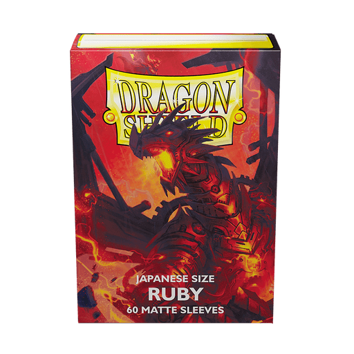 A package of Dragon Shield sleeves in a striking Ruby design, featuring a menacing dragon with glowing yellow eyes. The packaging is labeled "Dragon Shield" with "Japanese Size 60ct Sleeves - Ruby (Matte)" printed below the brand name Arcane Tinmen. The background boasts a dynamic, flame-like pattern ideal for TCG sleeve enthusiasts.
