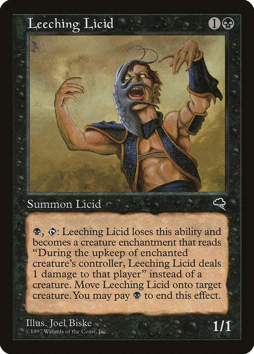 A Leeching Licid [Tempest] Magic: The Gathering card from the Tempest set. This uncommon creature — Licid depicts a grotesque entity with a leech-like face, screaming in agony, and muscular arms. The black border features the 1B mana cost, abilities in the text box, and power/toughness of 1/1. Artwork by Joel Biske.