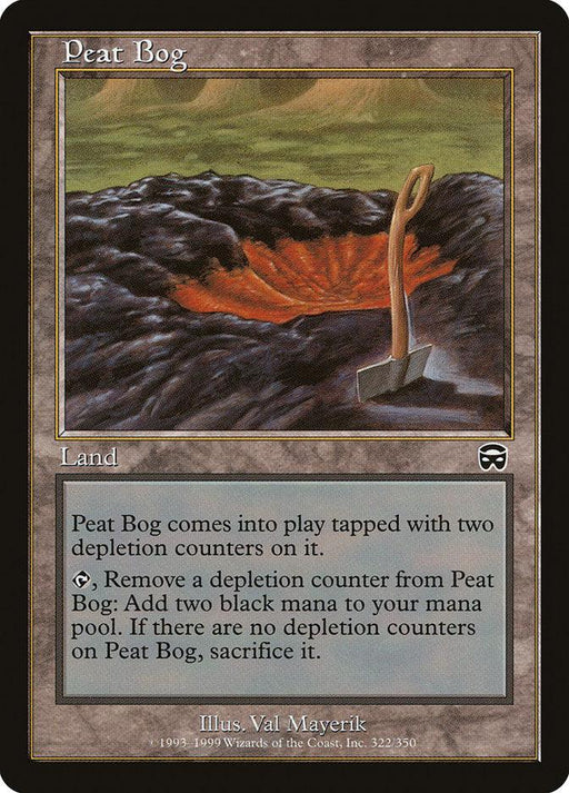 A Magic: The Gathering product named "Peat Bog [Mercadian Masques]." Part of the Mercadian Masques set, this Land card depicts a bog with dark soil and an ominous red glow. A shovel is stuck in the ground. The card text explains it enters play with two depletion counters and can be tapped to add two black mana.