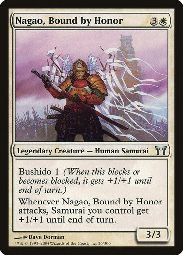 The Magic: The Gathering card "Nagao, Bound by Honor [Champions of Kamigawa]" is a Legendary Creature depicting a 3/3 Human Samurai in red armor, wielding a sword with a rising sun and broken white flags in the background. With a mana cost of 3W, the card features Bushido 1 and grants attacking Samurai +1/+1.