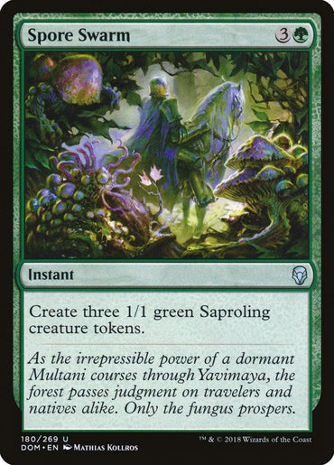 Magic: The Gathering's Spore Swarm [Dominaria] card features artwork of a mystical forest scene in Dominaria with a green, spectral figure casting an instant spell to summon three small, plant-like Saproling creatures. Text reads, "Create three 1/1 green Saproling creature tokens." Additional flavor text is present.