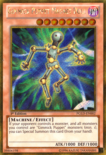A Gimmick Puppet Magnet Doll [PGLD-EN002] Gold Secret Rare Yu-Gi-Oh! card, featuring a robot-like figure made of metallic, spherical joints and magnets. The background boasts a complex pattern of gears. This MACHINE/EFFECT Effect Monster card details its special summoning condition, with stats: ATK 1000 / DEF 1000.