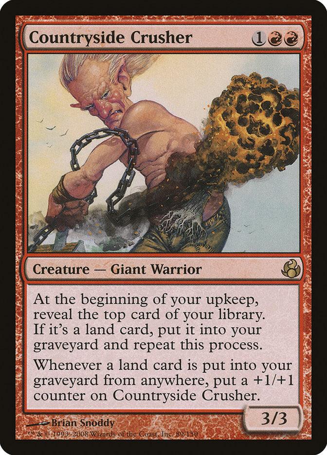 The "Countryside Crusher" from the "Morningtide" set of "Magic: The Gathering" is a powerful Giant Warrior that costs 1 red and 2 colorless mana to cast. This muscular creature, illustrated wielding a massive weapon amidst an explosion, has a power and toughness of 3/3 and possesses unique abilities related to land cards.