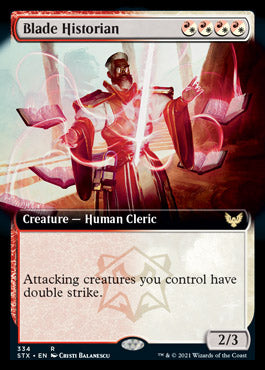 In the Magic: The Gathering card "Blade Historian (Extended Art) [Strixhaven: School of Mages]," a robed cleric is illustrated holding a glowing sword that radiates red energy amidst a sandy landscape. Originating from Strixhaven, this card provides your attacking creatures with double strike and features power and toughness ratings of 2/3.