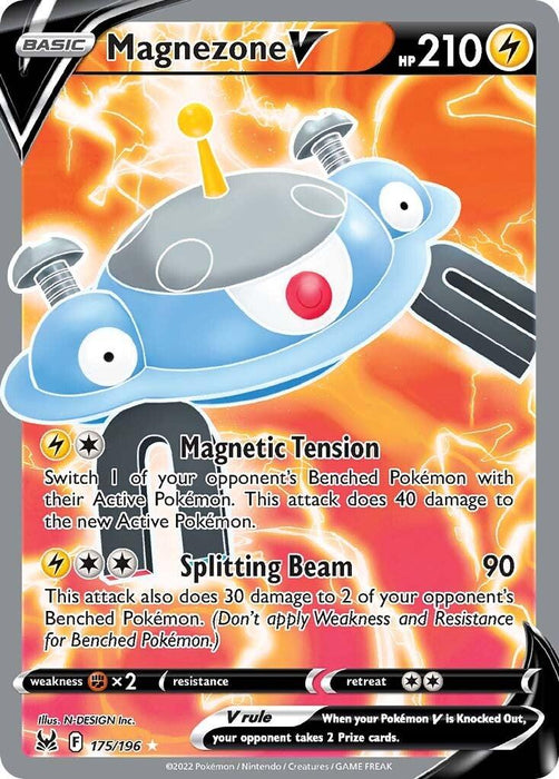 The Magnezone V (175/196) [Sword & Shield: Lost Origin] Pokémon card from the Pokémon Sword & Shield: Lost Origin set boasts HP 210 and an electric symbol. Featuring a blue, magnet-shaped creature with a metal dome, single eye, and red/yellow lights on its sides, it has two attacks: "Magnetic Tension" and "Splitting Beam." The bottom displays set information and V rule text.