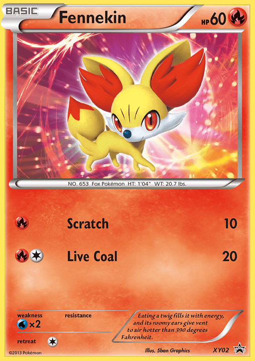 A Pokémon product featuring Fennekin, a fox-like creature with large red and yellow ears and fur. It has 60 HP and two moves: Scratch (10 damage) and Live Coal (20 damage). Weakness to water type is indicated. The fiery orange background sparkles with energy. Classified as a Black Star Promo from the 2013 series, card no. 653 from the Fennekin (XY02) [XY: Black Star Promos] by Pokémon.