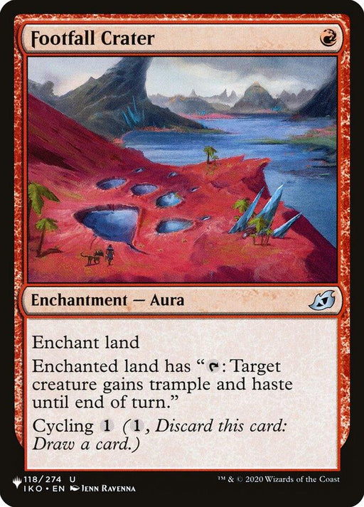 Magic: The Gathering card titled "Footfall Crater [Secret Lair: Heads I Win, Tails You Lose]" reveals a red, rocky crater along a river in a barren landscape with blue crystal formations. The enchantment card includes cycling costs and appears ready for your next Secret Lair collection. Background trim is red with black and white text space below the image.