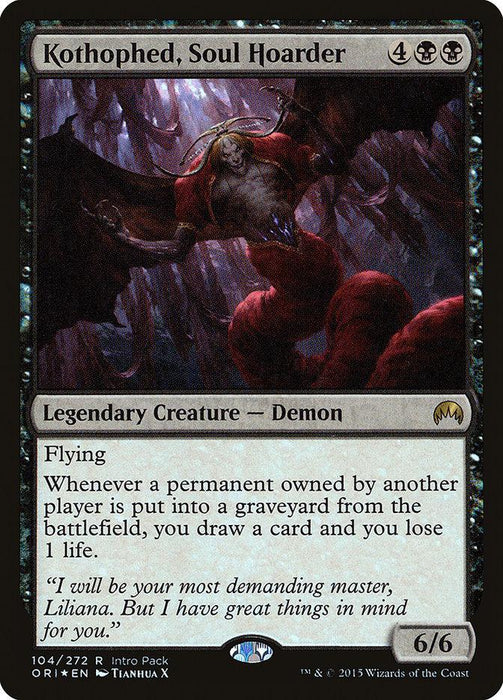 A Magic: The Gathering card titled "Kothophed, Soul Hoarder [Magic Origins Promos]." It depicts a demonic creature with dark wings and red skin in an underground cavern. The 6/6 Flying Legendary Creature - Demon costs 4 generic mana and 2 black mana to cast. Its special ability triggers when a permanent owned by another player goes into a graveyard. The flavor text reads,