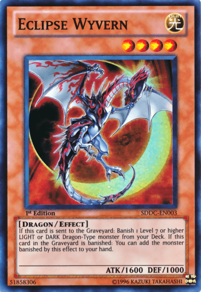 A "Yu-Gi-Oh!" Eclipse Wyvern [SDDC-EN003] Super Rare trading card with a holographic image of a fierce dragon. The dragon has dark red and white scales and is depicted in a dynamic pose, surrounded by fiery and cosmic elements. This Effect Monster's card text describes its effect, attack power (1600), and defense points (1000).