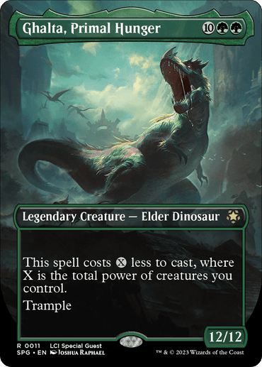 A "Magic: The Gathering" card titled "Ghalta, Primal Hunger (Borderless) [The Lost Caverns of Ixalan Special Guests]" features a colossal Elder Dinosaur roaring on a cliff. With a green border, this Legendary Creature boasts an impressive 12/12 power and toughness. Its abilities include cost reduction and trample.