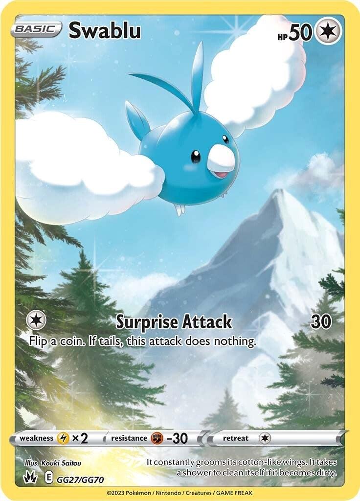 A **Swablu (GG27/GG70) [Sword & Shield: Crown Zenith]** from the Pokémon series is shown. Swablu flies in a cloud-dotted sky with mountains in the background. With a fluffy cotton-like body and blue wings, it has 50 HP and features the attack 