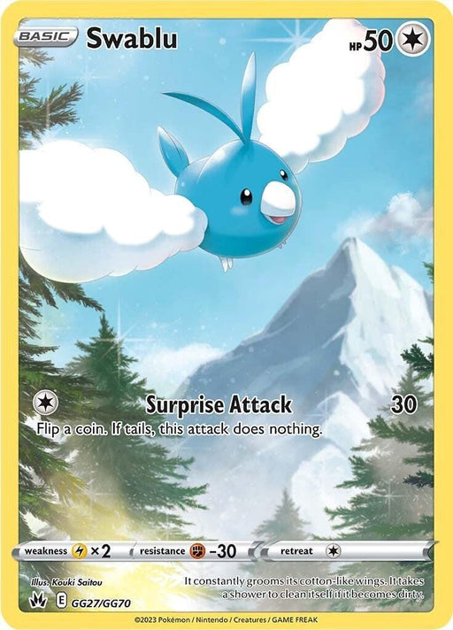 A **Swablu (GG27/GG70) [Sword & Shield: Crown Zenith]** from the Pokémon series is shown. Swablu flies in a cloud-dotted sky with mountains in the background. With a fluffy cotton-like body and blue wings, it has 50 HP and features the attack "Surprise Attack" for 30 damage. Illustrated by Kouki Saitou, it's a Holo Rare card coded GG27.