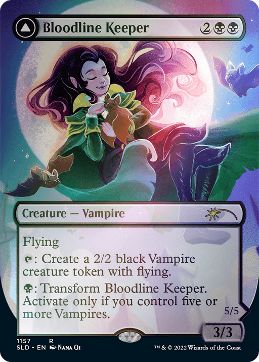 A Magic: The Gathering card titled "Bloodline Keeper // Lord of Lineage (Borderless) [Secret Lair: From Cute to Brute]" features a serene vampire woman with long dark hair and bat wings, seated and clutching a glowing orb. Her green cloak drapes elegantly as she exudes calmness. This flying vampire has a power/toughness of 3/3 and can create creature tokens.