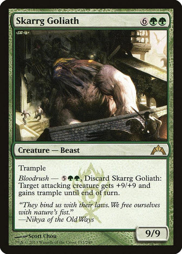 The Magic: The Gathering card "Skarrg Goliath [Gatecrash]" features a 9/9 beast with Trample and Bloodrush abilities, costing 6 colorless and 2 green mana.