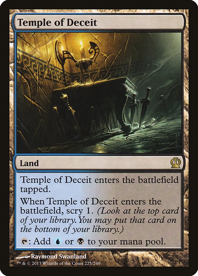 The image showcases a "Magic: The Gathering" trading card named “Temple of Deceit [Theros].” This Rare Land card features a dark, ancient temple interior aglow with blue and black magical symbols. It enters the battlefield tapped, allowing you to scry 1, and can be tapped to add either blue or black mana to your pool.