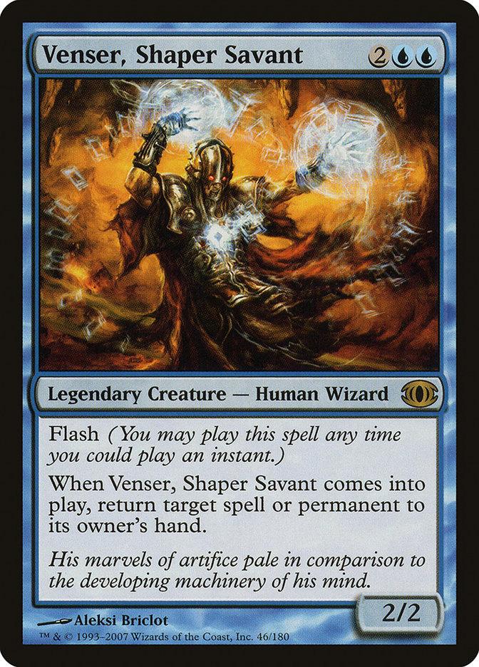 A Magic: The Gathering card titled "Venser, Shaper Savant [Future Sight]." It's bordered in blue and depicts a powerful wizard summoning mystical energies. The card text describes its abilities: "Flash, When Venser, Shaper Savant comes into play, return target spell or permanent." Illustrated by Aleksi Briclot.