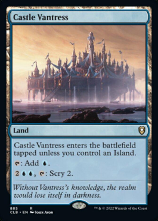 A Magic: The Gathering card titled "Castle Vantress [Commander Legends: Battle for Baldur's Gate]". This Rare Land, from Magic: The Gathering, features a grand, blue castle rising from misty waters with multiple spires and towers. It enters the battlefield tapped unless you control an Island and provides blue mana or can be tapped to scry 2. The flavor text reads, "Without Vantress