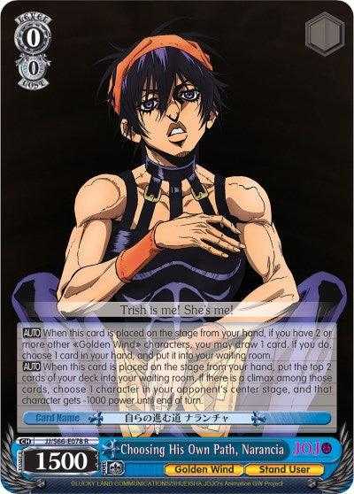 Image of a trading card from the game "Weiss Schwarz." The card features Narancia from JoJo's Bizarre Adventure: Golden Wind, wearing a sleeveless black vest, black headband, and fingerless gloves. Narancia has dark purple hair and an intense expression. This rare character card, Choosing His Own Path, Narancia (JJ/S66-E078 R) [JoJo's Bizarre Adventure: Golden Wind] by Bushiroad, has stats at the bottom, including a power level of 1500.
