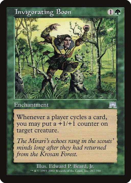 The Magic: The Gathering product Invigorating Boon [Onslaught] costs one generic mana and one green mana. This enchantment reads, "Whenever a player cycles a card, you may put a +1/+1 counter on target creature." The artwork features a man jumping on a rock in a lush forest.