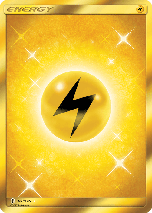 A Pokémon Lightning Energy (168/145) trading card from the Sun & Moon: Guardians Rising series, featuring a holographic Basic Lightning Energy design. The card displays a vibrant yellow background with dazzling star-like sparkles and a round orb at the center adorned with a black lightning bolt symbol. The Secret Rare card's number "168/145" and the year "2012 Pokémon" are also visible.