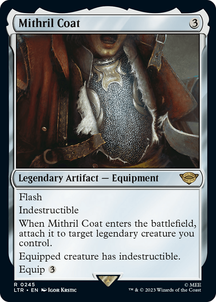 A **Mithril Coat [The Lord of the Rings: Tales of Middle-Earth]** card from Magic: The Gathering. This legendary artifact equipment card, with a casting cost of 3, features an armored chest piece emitting a silver glow. The card text details its abilities, including 