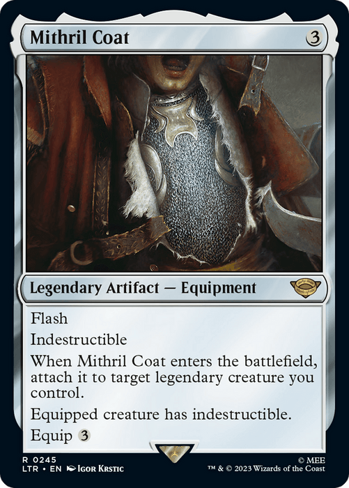 A **Mithril Coat [The Lord of the Rings: Tales of Middle-Earth]** card from Magic: The Gathering. This legendary artifact equipment card, with a casting cost of 3, features an armored chest piece emitting a silver glow. The card text details its abilities, including "Flash" and "Indestructible.