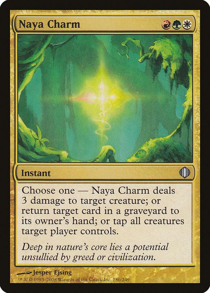 The Magic: The Gathering card "Naya Charm" [Shards of Alara] is an instant spell requiring one red, green, and white mana. It provides three options: deal 3 damage to a target creature, return a target card from a graveyard to your hand, or tap all creatures target player controls. The artwork on the card depicts a lush, enchanted forest.
