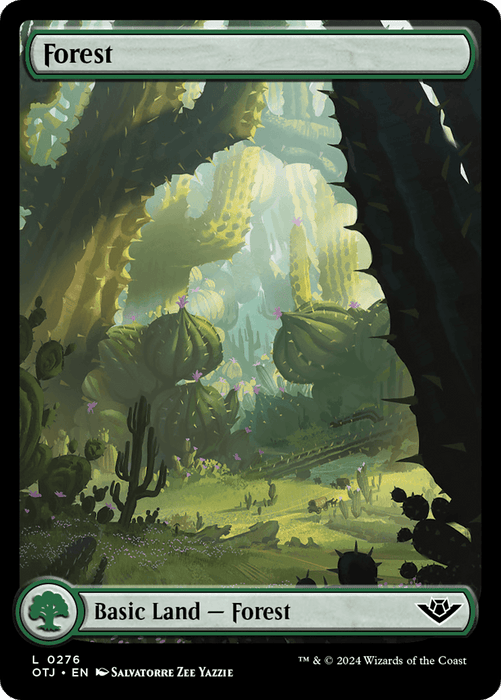 Magic: The Gathering card depicting a Forest (0276) [Outlaws of Thunder Junction]. The artwork features a lush, vibrant forest with tall, curved trees and abundant foliage. Sunlight filters through the treetops, creating a serene, magical atmosphere. The card's border is black and green.