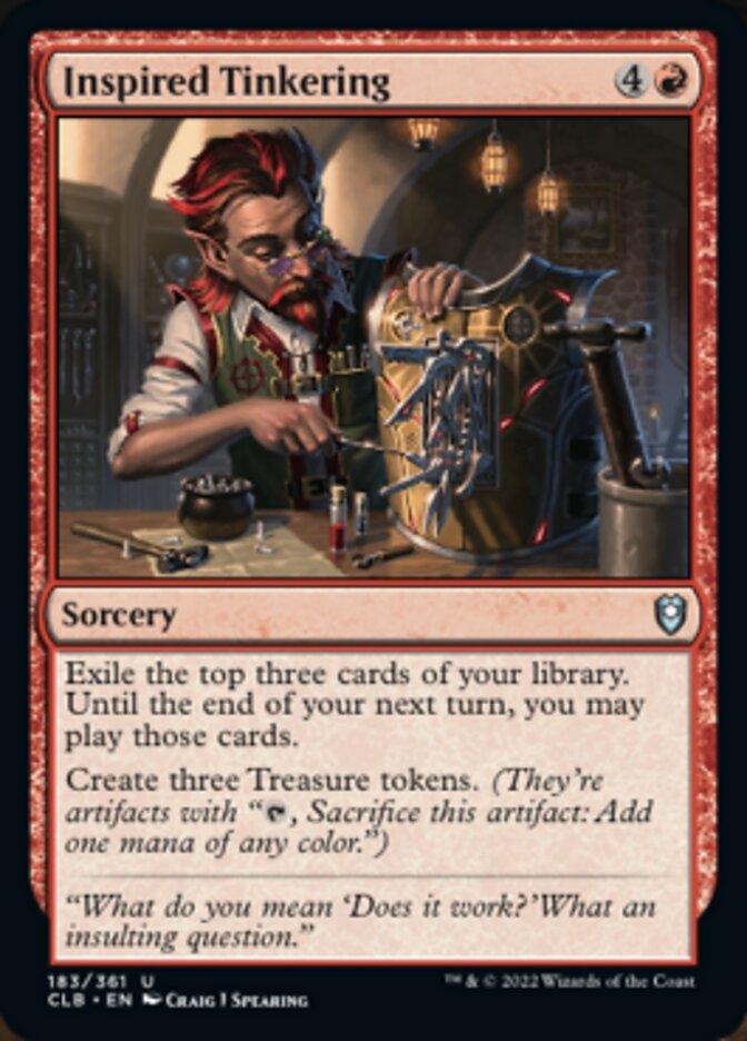 A bearded elf with red hair wearing glasses and a tool apron works on a mechanical device on a cluttered workbench. The card, Inspired Tinkering [Commander Legends: Battle for Baldur's Gate], from Magic: The Gathering, explains exiling the top three cards of your library and creating three Treasure tokens.