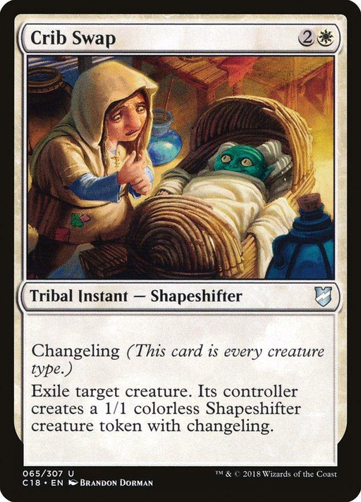 A Magic: The Gathering card titled "Crib Swap [Commander 2018]" from Magic: The Gathering. The artwork depicts a concerned woman in a hooded garment, holding a baby bottle, looking into a crib. Inside the crib is a green, alien-like baby swaddled in a blanket. This Tribal Instant card boasts the Shapeshifter's Changeling ability.