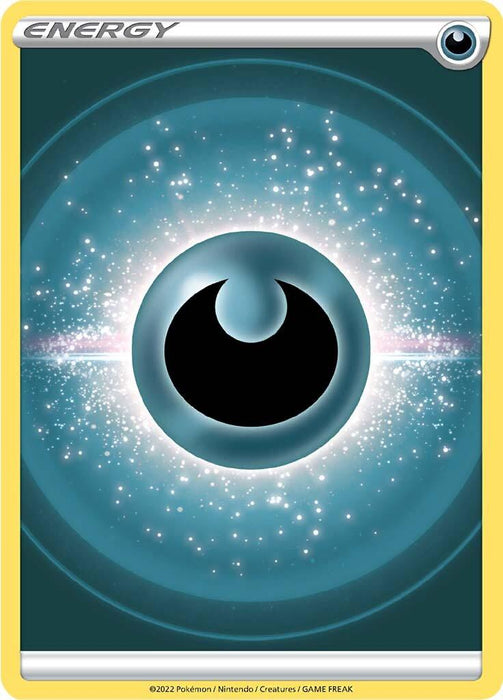 A Pokémon Darkness Energy [Sword & Shield: Brilliant Stars] trading card from the Sword & Shield series displaying a Darkness-type Energy. The card features a black circular symbol with a crescent moon shape in the center, set against a starry background with a burst of light emanating from the center. The yellow border and icons indicate its purpose.