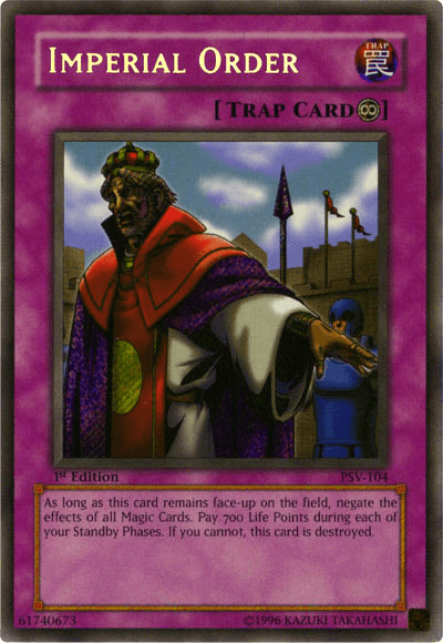 A Yu-Gi-Oh! trading card named "Imperial Order [PSV-104] Secret Rare" from the Pharaoh's Servant set. It features regal artwork of a robed monarch with a stern expression, wearing a crown and standing before a red sunlit sky. This Secret Rare Continuous Trap negates all Magic Cards and requires a life point cost to maintain.