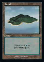 The Magic: The Gathering card named "Island (Retro) (584)" from the 30th Anniversary Edition showcases a small, vibrant green island surrounded by blue waters. The text box states, "Tap to add (blue mana symbol) to your mana pool." Illustrated by Mark Poole, this Basic Land card captures a tranquil beauty.