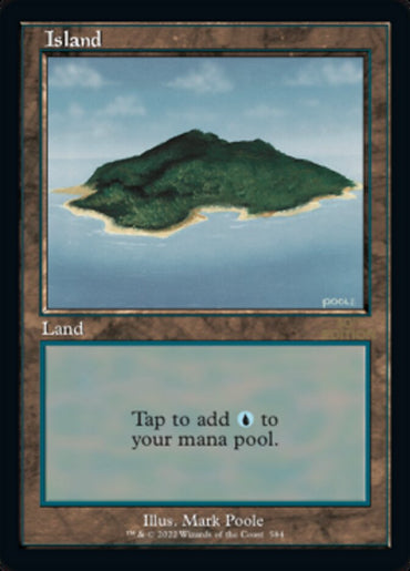 The Magic: The Gathering card named "Island (Retro) (584)" from the 30th Anniversary Edition showcases a small, vibrant green island surrounded by blue waters. The text box states, "Tap to add (blue mana symbol) to your mana pool." Illustrated by Mark Poole, this Basic Land card captures a tranquil beauty.