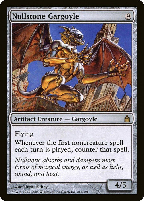 A Magic: The Gathering card titled "Nullstone Gargoyle [Ravnica: City of Guilds]." The card features an image of a gargoyle with wings spread, perched on stone ruins. It has stats of 4/5, possesses flying, and counters the first noncreature spell each turn. This Artifact Creature is part of the Ravnica: City of Guilds set. Illustration by Glenn Fabry.